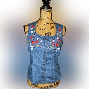 Vintage Floral Embroidered Blue Denim Bustier Button Down Cottagecore Vest Top M